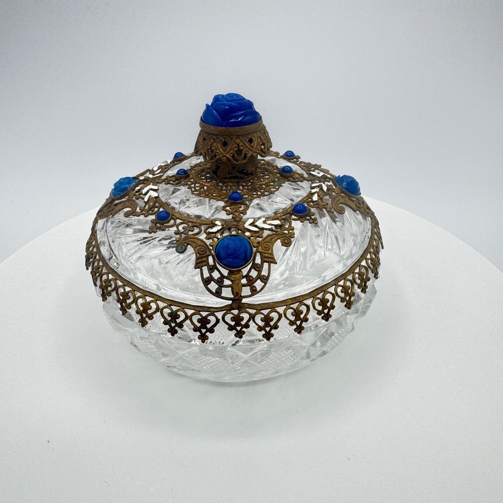 Vintage Cut Glass Trinket Box Blue Rose Brass Filigree Lid Hollywood Regency